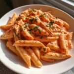 A close-up of penne pasta coated generously in creamy pink sauce pasta, garnished with fresh herbs.