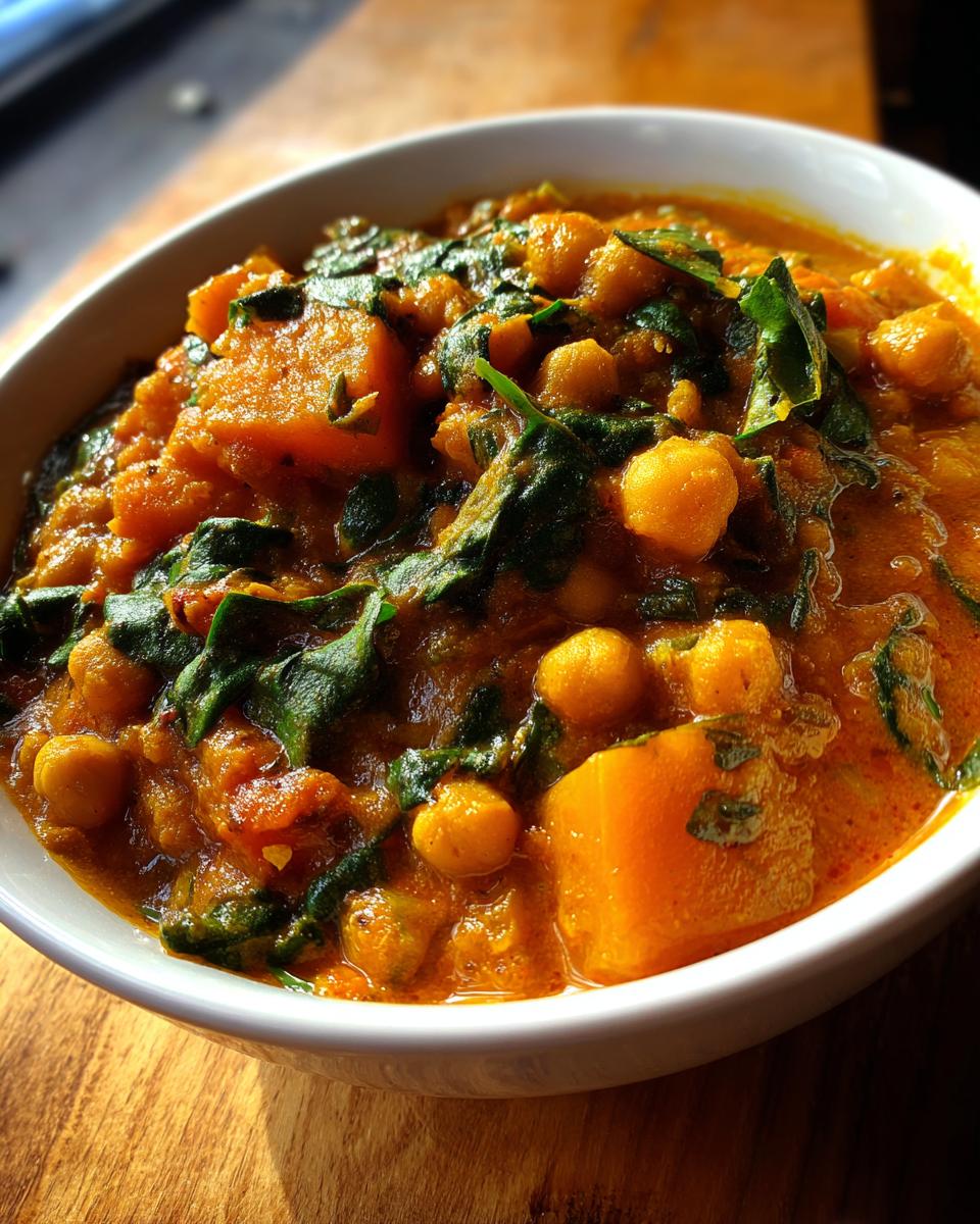 Close-up of a bowl of creamy pumpkin curry featuring chunks of pumpkin, chickpeas, and wilted spinach.