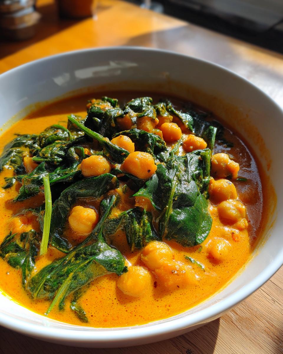 Close-up of a bowl of creamy pumpkin curry featuring chickpeas and wilted spinach.
