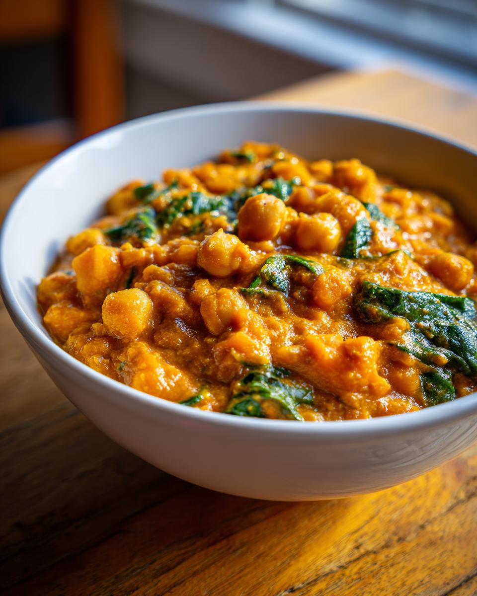 A close-up of a white bowl filled with creamy pumpkin curry featuring chickpeas and wilted spinach.