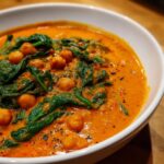 Close-up of a bowl of creamy pumpkin curry featuring bright green spinach and whole chickpeas.