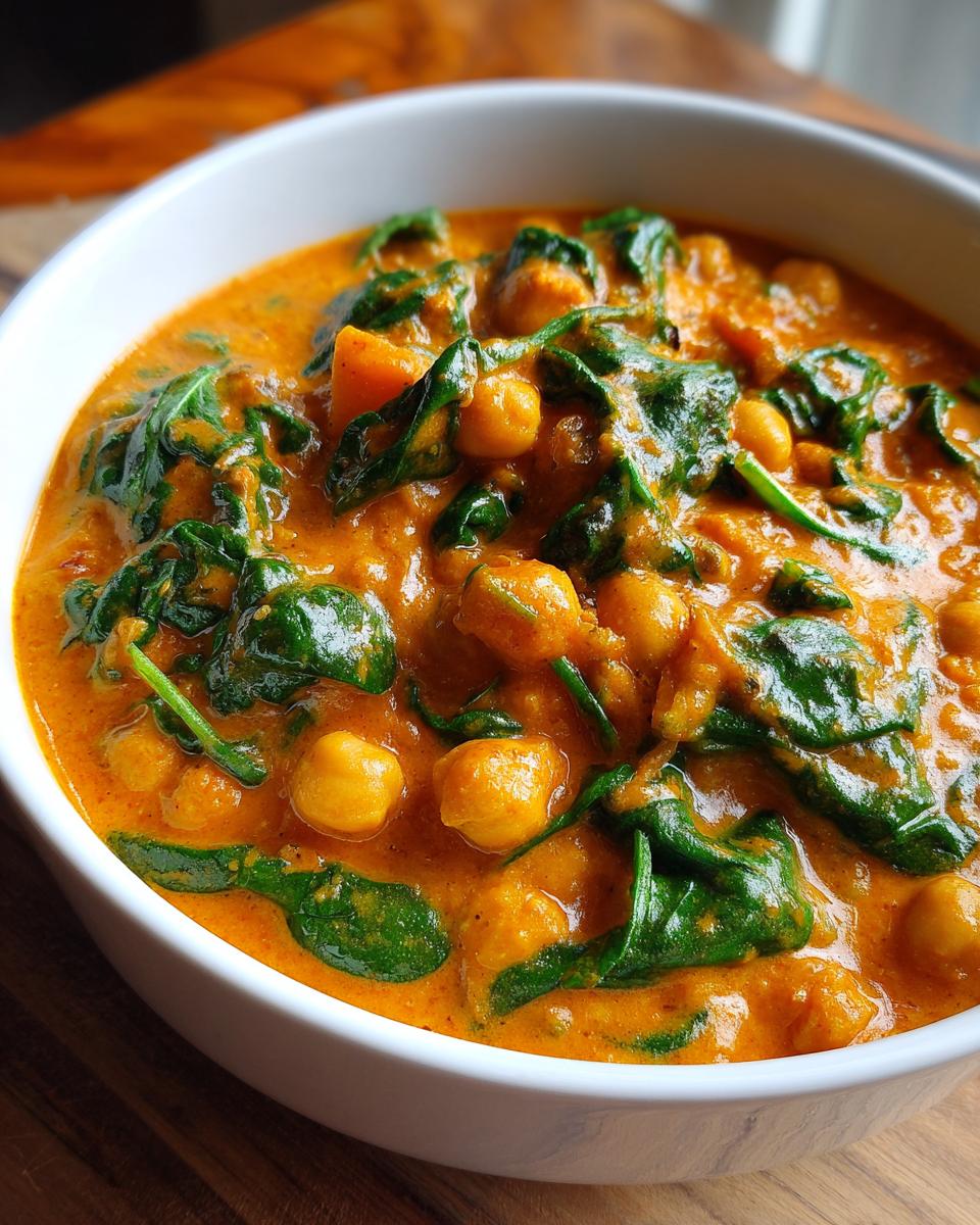 Close-up of a bowl of creamy pumpkin curry featuring chickpeas and wilted spinach.