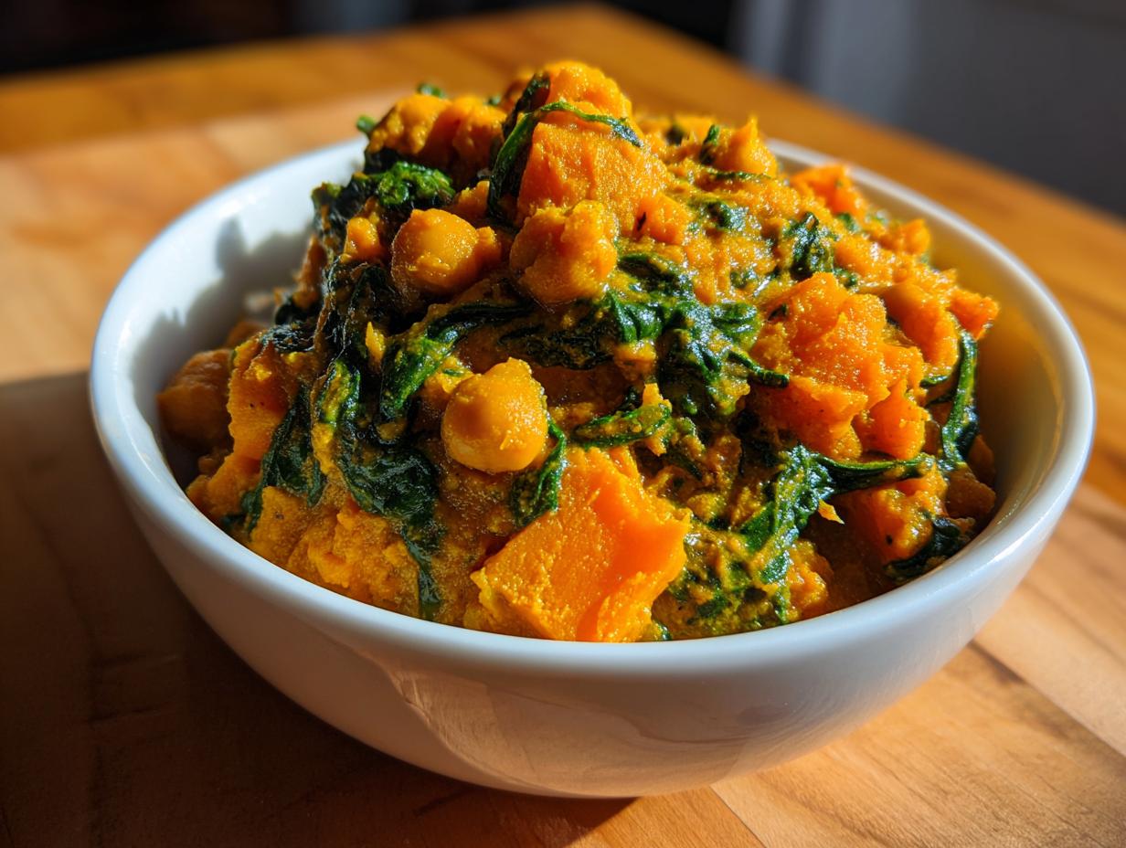 A close-up of creamy pumpkin curry featuring chunks of orange pumpkin, green spinach, and chickpeas in a white bowl.