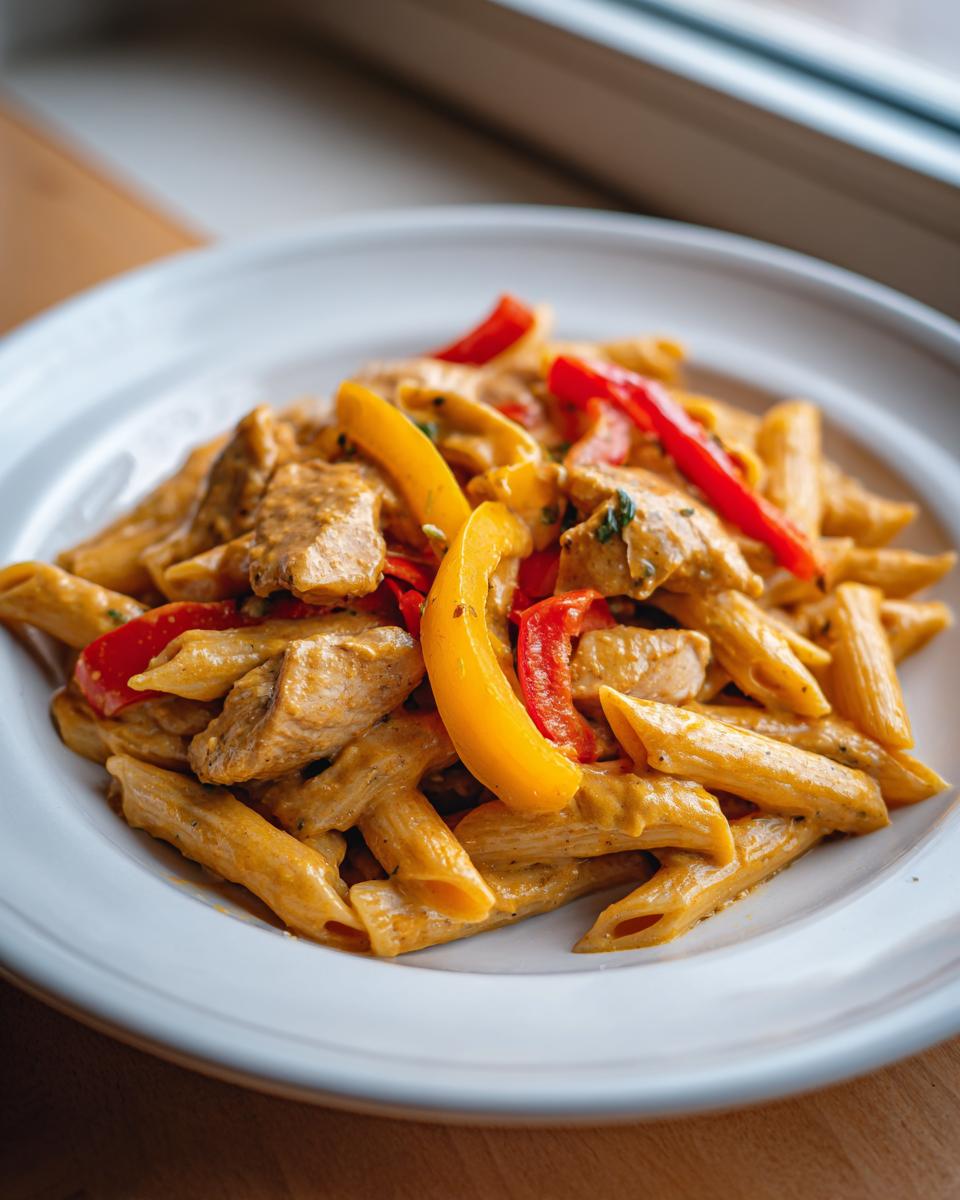 A close-up of creamy rasta pasta mixed with chicken pieces and colorful red and yellow bell peppers.