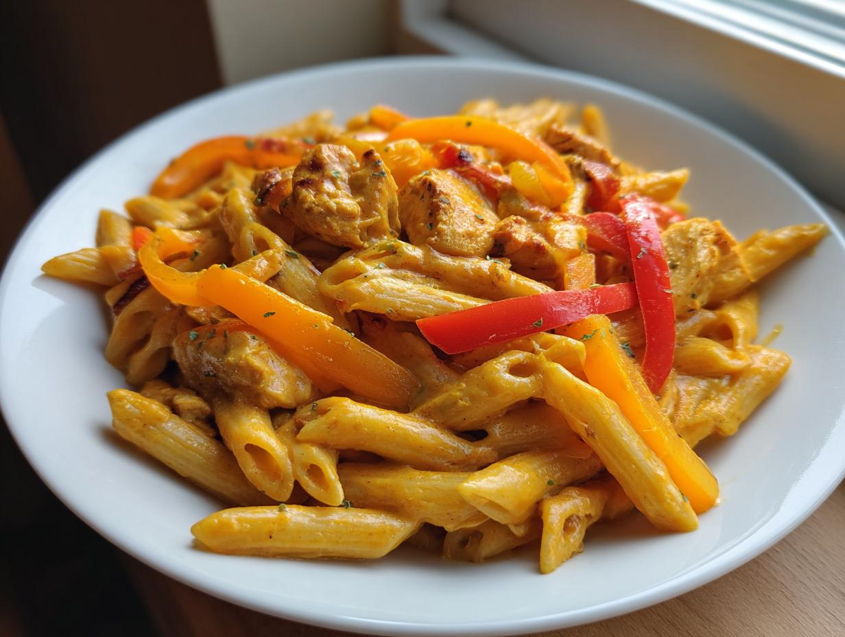 Close-up of a white bowl filled with creamy, yellow Rasta pasta, chicken pieces, and sliced red and orange bell peppers.