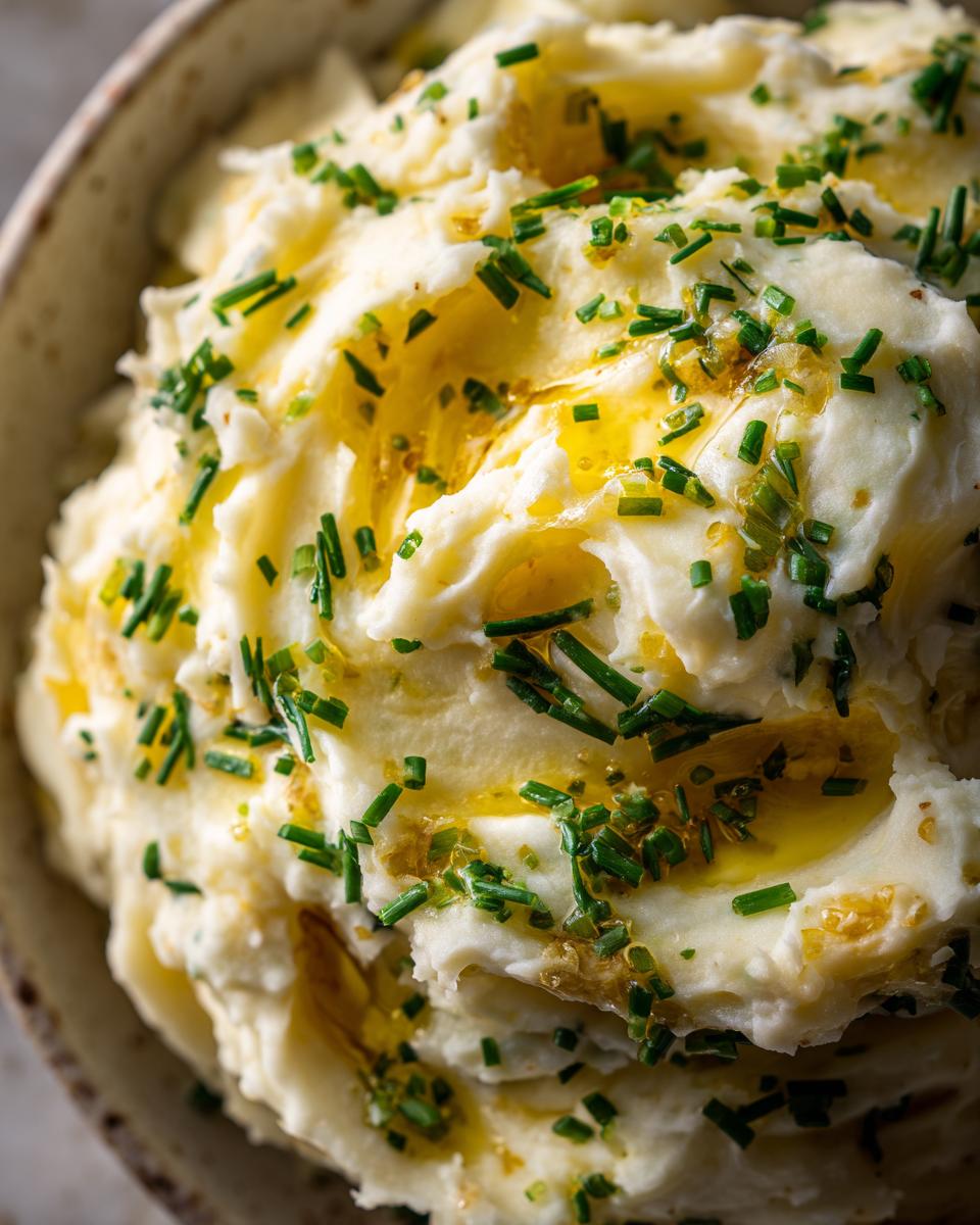 Close-up of creamy roasted garlic mashed potatoes topped with melted butter and fresh chopped chives.