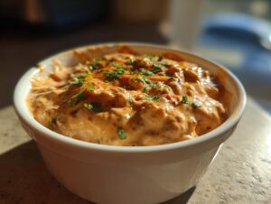 A close-up of a rich, orange-hued sausage cheese dip topped with fresh parsley.