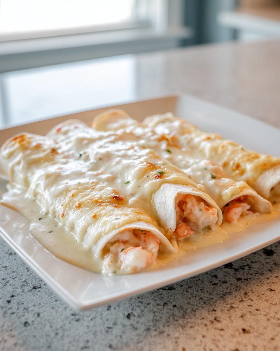 Three delicious shrimp enchiladas covered in a rich, creamy white sauce, served on a white rectangular plate.