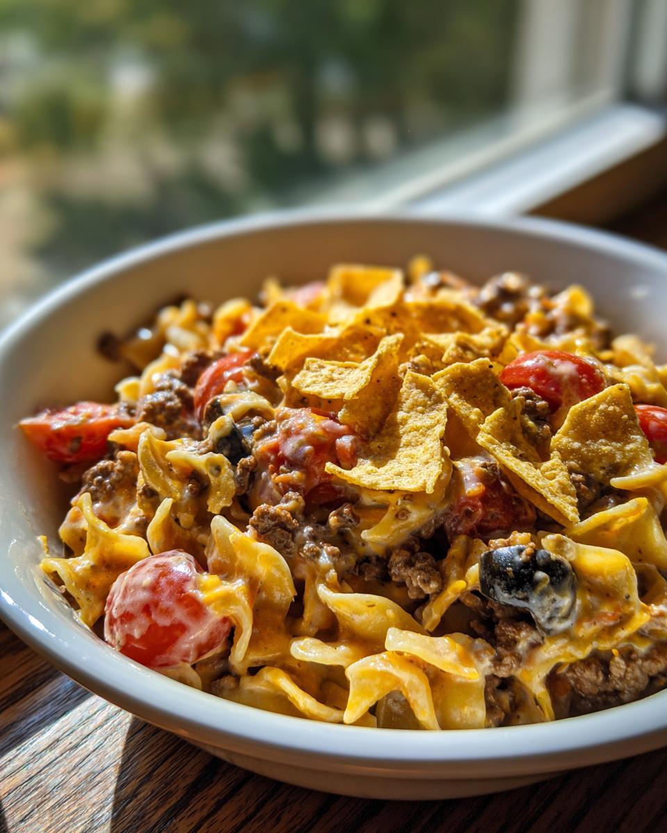 A close-up view of a creamy taco pasta salad mixed with ground beef, tomatoes, olives, and topped with crushed tortilla chips.