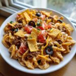 A close-up of a creamy taco pasta salad featuring ground beef, cheese, tomatoes, olives, and tortilla chips in a white bowl.