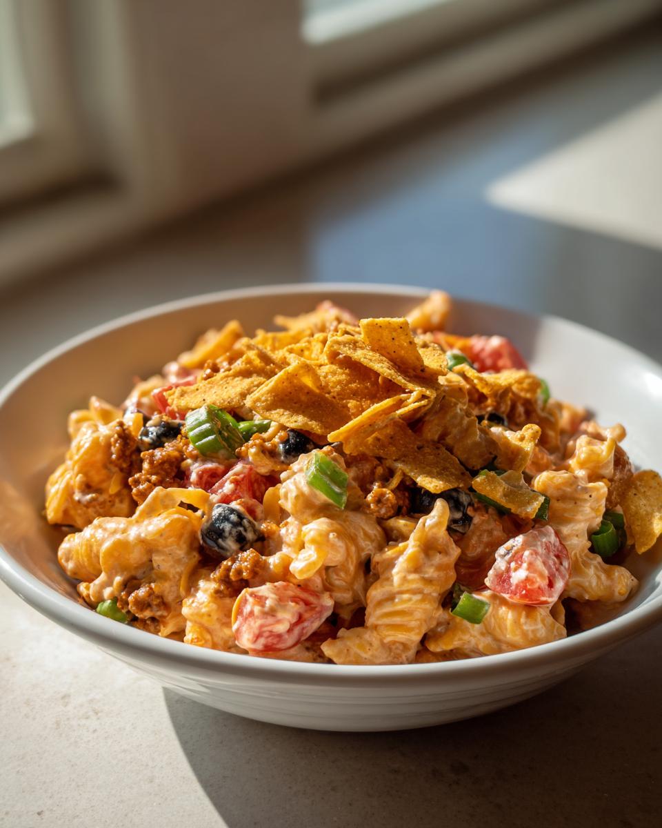 A white bowl filled with creamy taco pasta salad, featuring ground meat, tomatoes, olives, and topped generously with crushed tortilla chips.