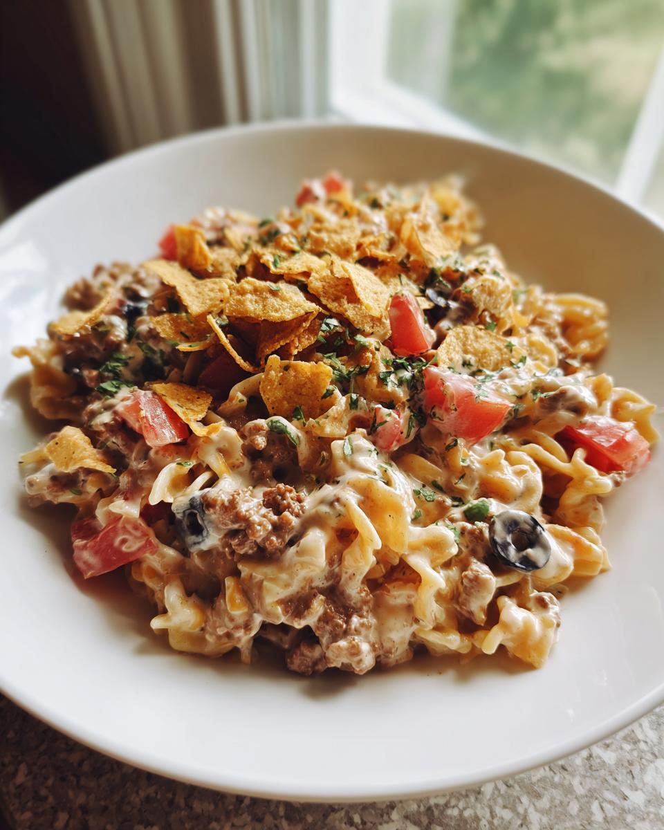 A serving of creamy taco pasta salad mixed with ground beef, tomatoes, olives, and topped with crushed tortilla chips.