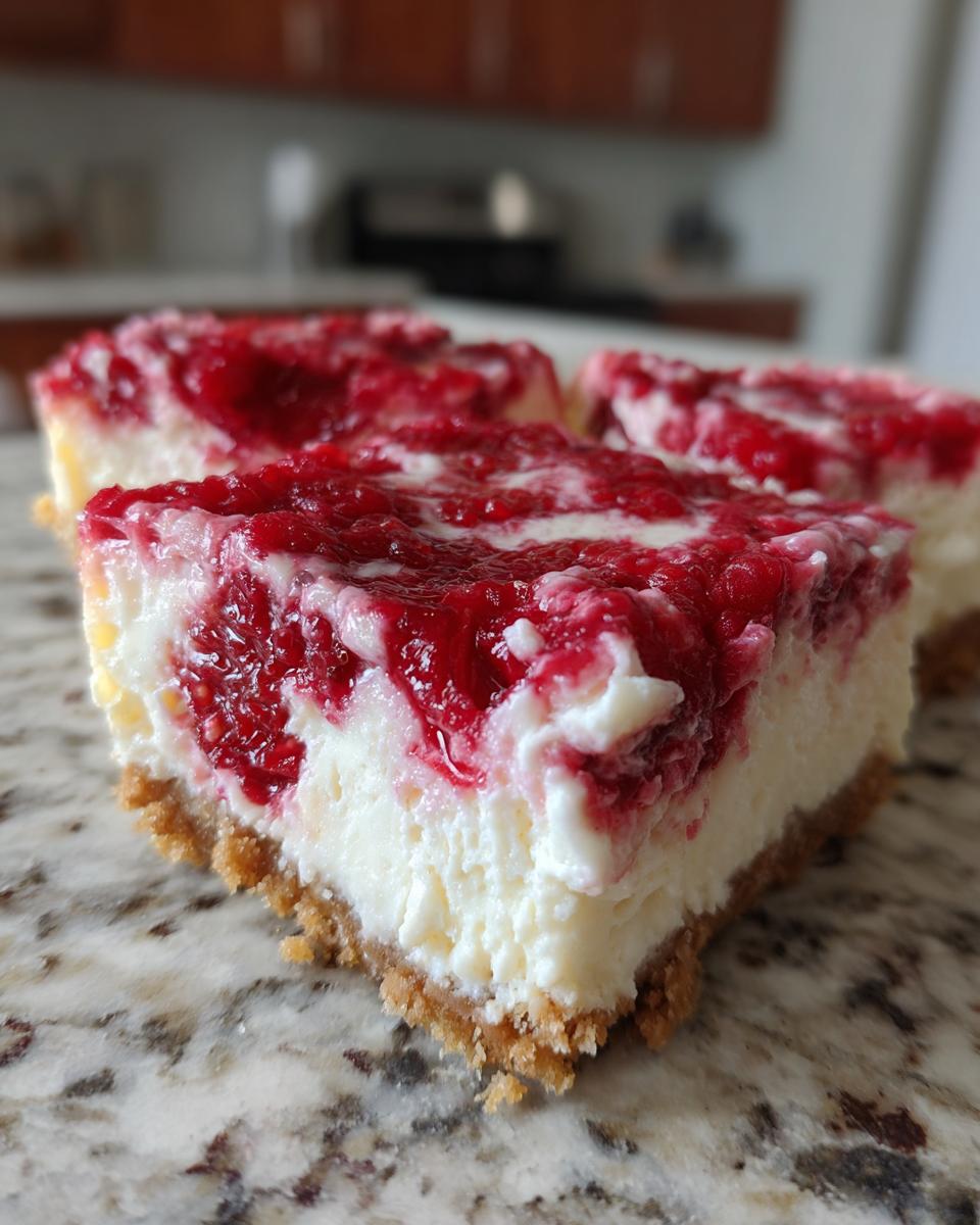 Close-up of creamy white chocolate cheesecake bars topped with a bright red raspberry swirl.
