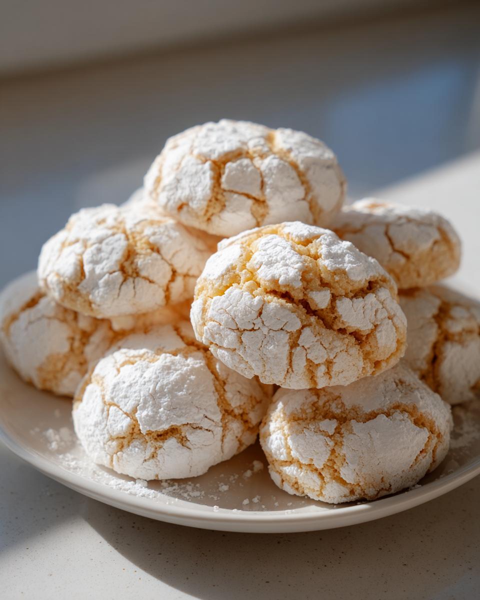 A close-up stack of freshly baked, powdered sugar-dusted cool whip cookies with cracked tops on a white plate.