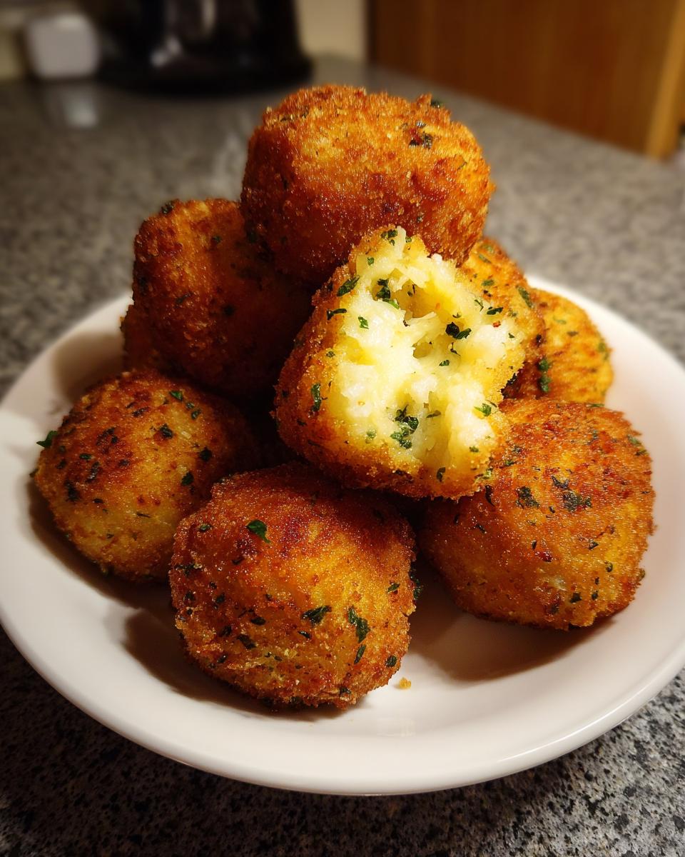 A pile of golden brown, crispy potato croquettes, one broken open revealing the fluffy interior with herbs.
