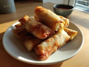 A pile of golden brown, crispy rice paper dumplings served on a white plate with a dipping sauce bowl nearby.