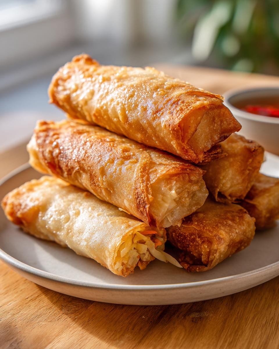 A stack of golden brown, crispy rice paper dumplings resting on a light gray plate.