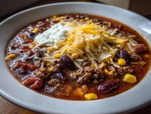 Close-up of a hearty bowl of crockpot cowboy soup featuring ground beef, kidney beans, corn, topped with shredded cheese and sour cream.