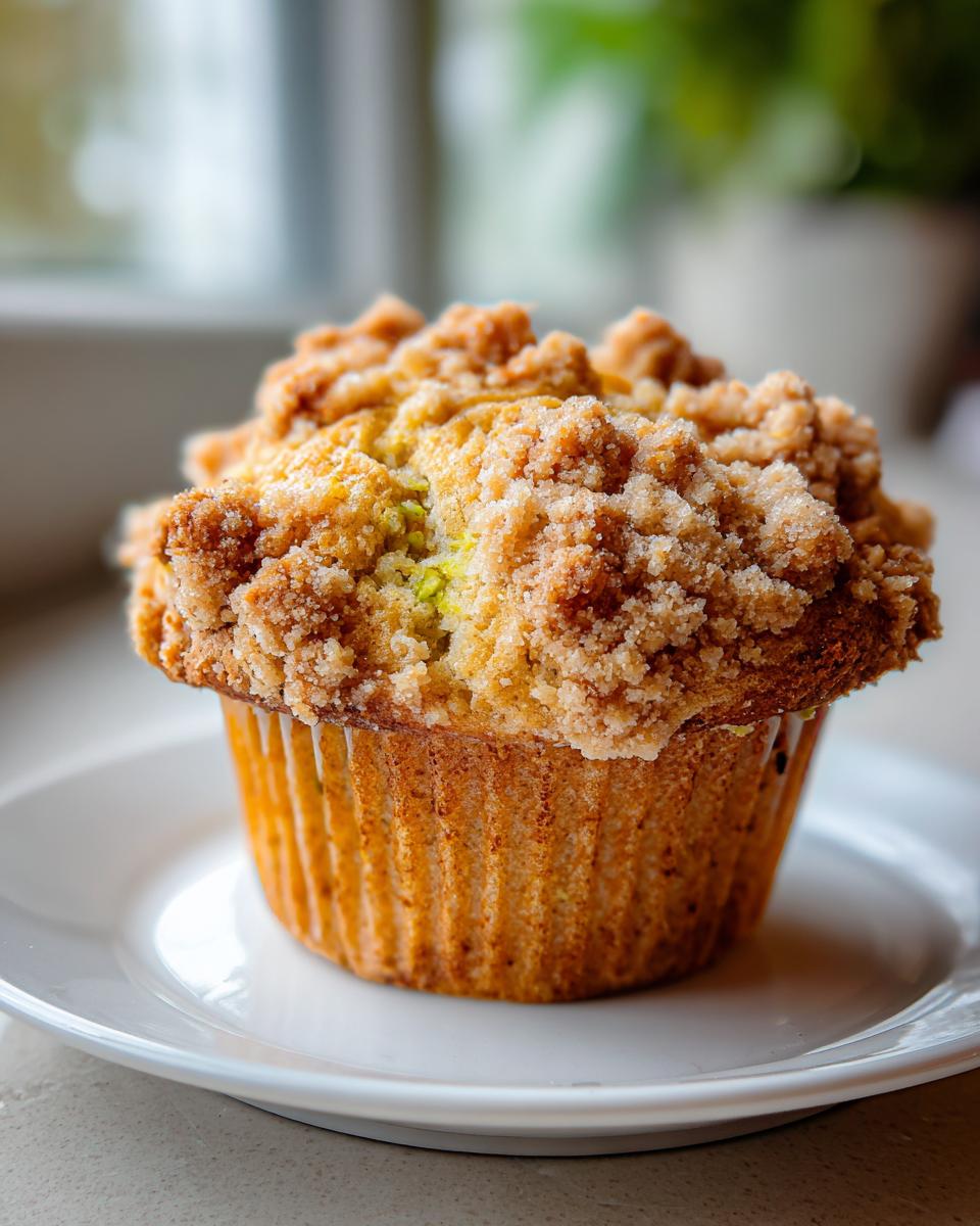 A single, golden-brown pistachio muffin with a thick, sugary streusel topping, sitting on a white plate.