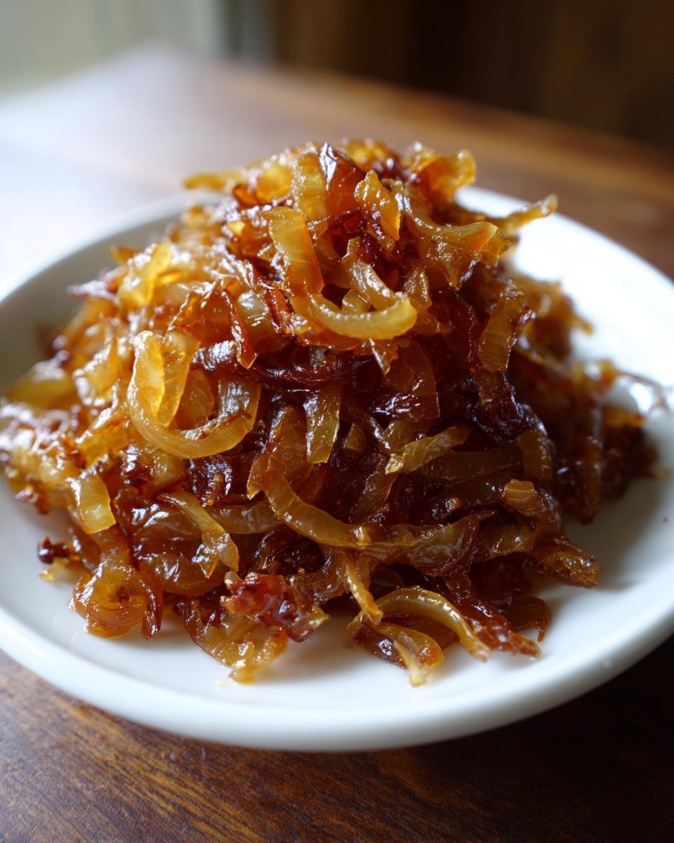 A close-up of a small white bowl piled high with rich, deeply browned caramelized onions.