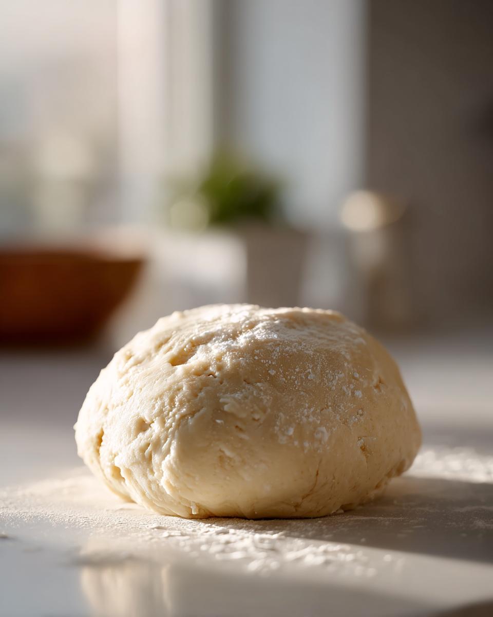 A smooth ball of dough dusted with flour, ready for the amazing marzipan recipe.