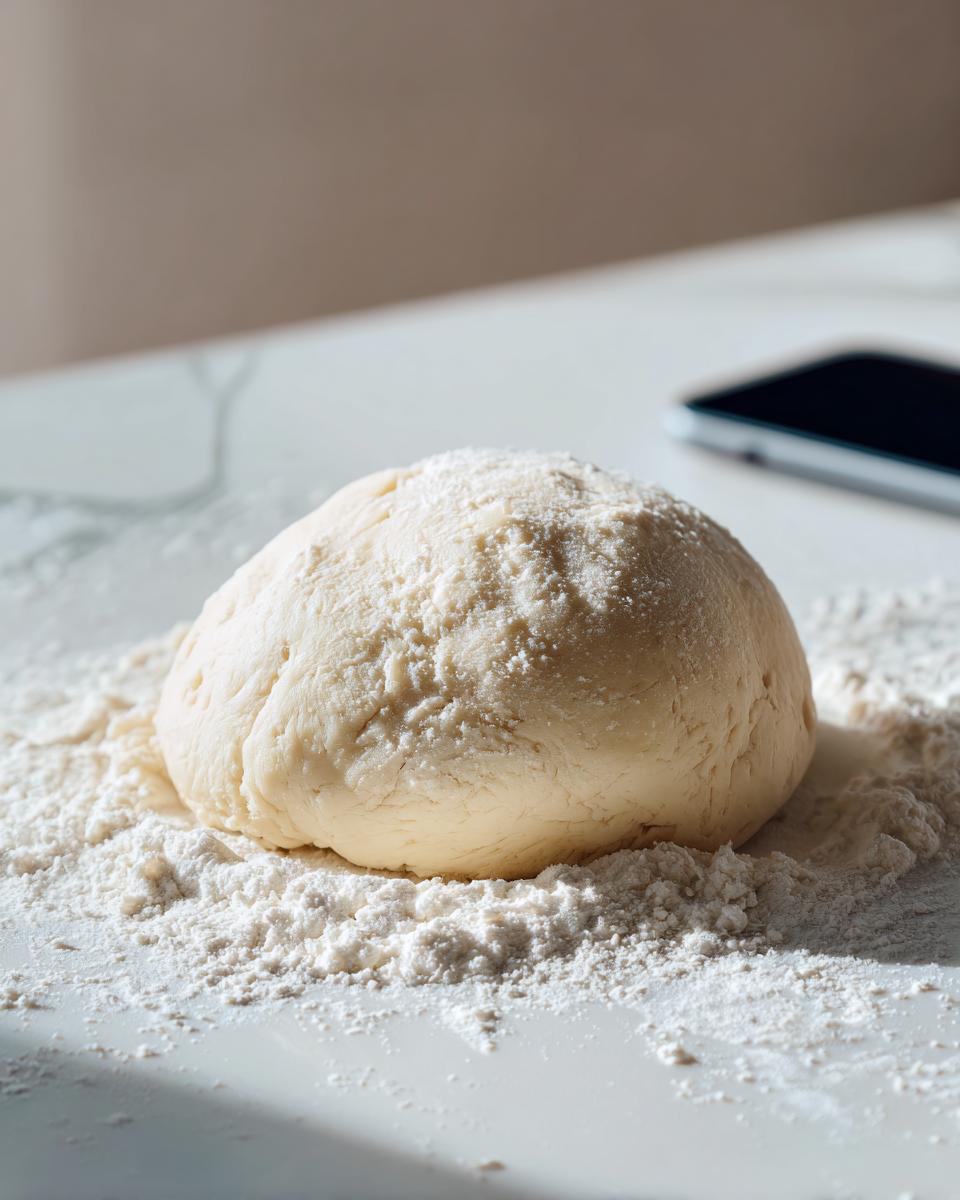 A ball of pale dough dusted with flour, resting on a white surface while preparing a marzipan recipe.