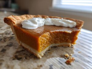 Close-up of a slice of easy pumpkin pie with a bite taken out, topped with whipped cream.