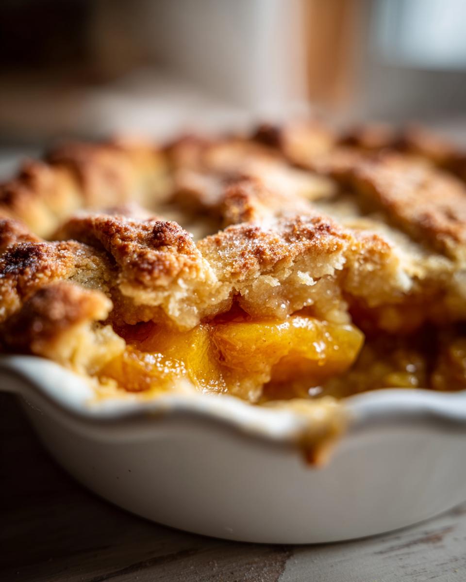A close-up, macro shot showing the golden, crumbly topping and bubbling, juicy peach filling of an easy Southern peach cobbler in a white baking dish.