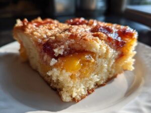 A close-up shot of a serving of warm Southern Peach cobbler with a crumbly topping and visible peach filling.