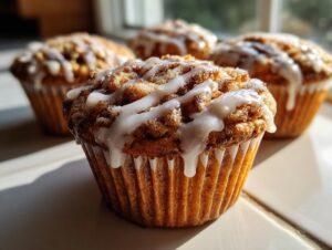 A close-up of a freshly baked cinnamon roll muffin topped with thick white glaze, with other cinnamon roll muffins blurred in the background.