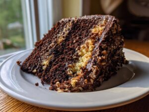 A rich slice of german chocolate cake recipe showing dark chocolate layers and coconut-pecan frosting.