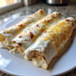 Three rolled shrimp enchiladas covered in melted white and cheddar cheese sauce, served on a white plate.