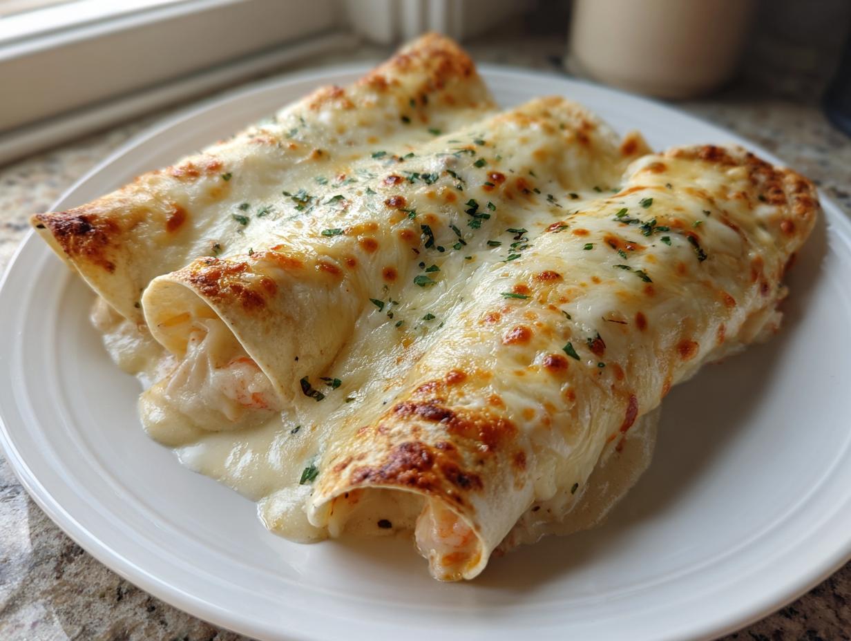 Three baked shrimp enchiladas covered in melted, bubbly white cheese sauce and sprinkled with parsley.