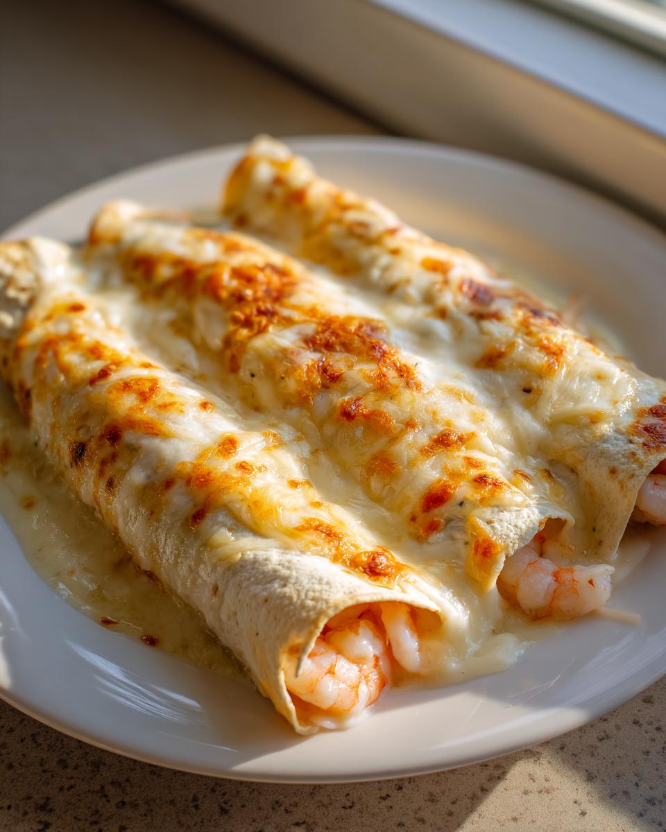 Three rolled shrimp enchiladas covered in melted, slightly browned white cheese sauce, with visible pink shrimp filling.