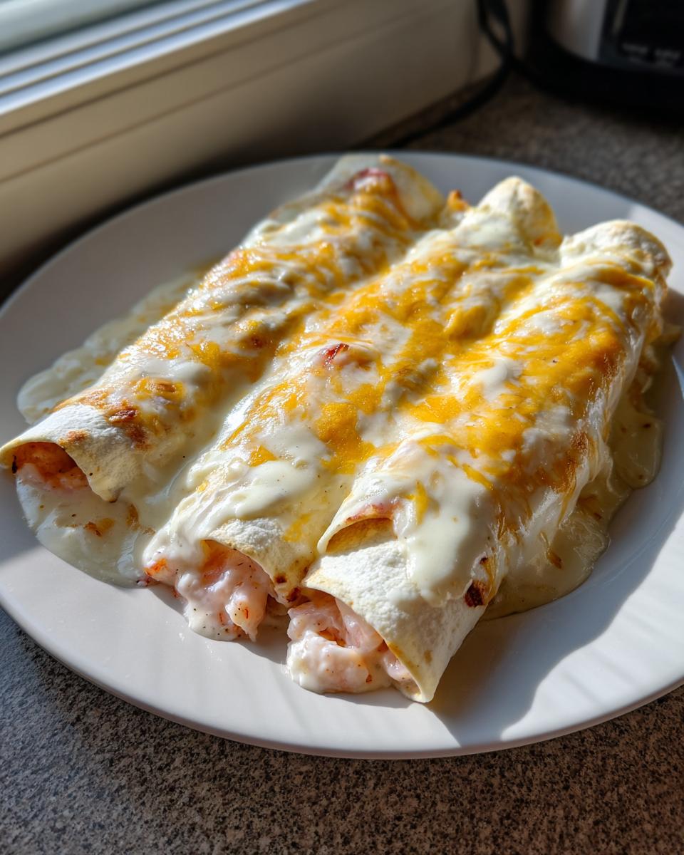 Three rolled shrimp enchiladas covered in white and yellow melted cheese, served on a white plate.