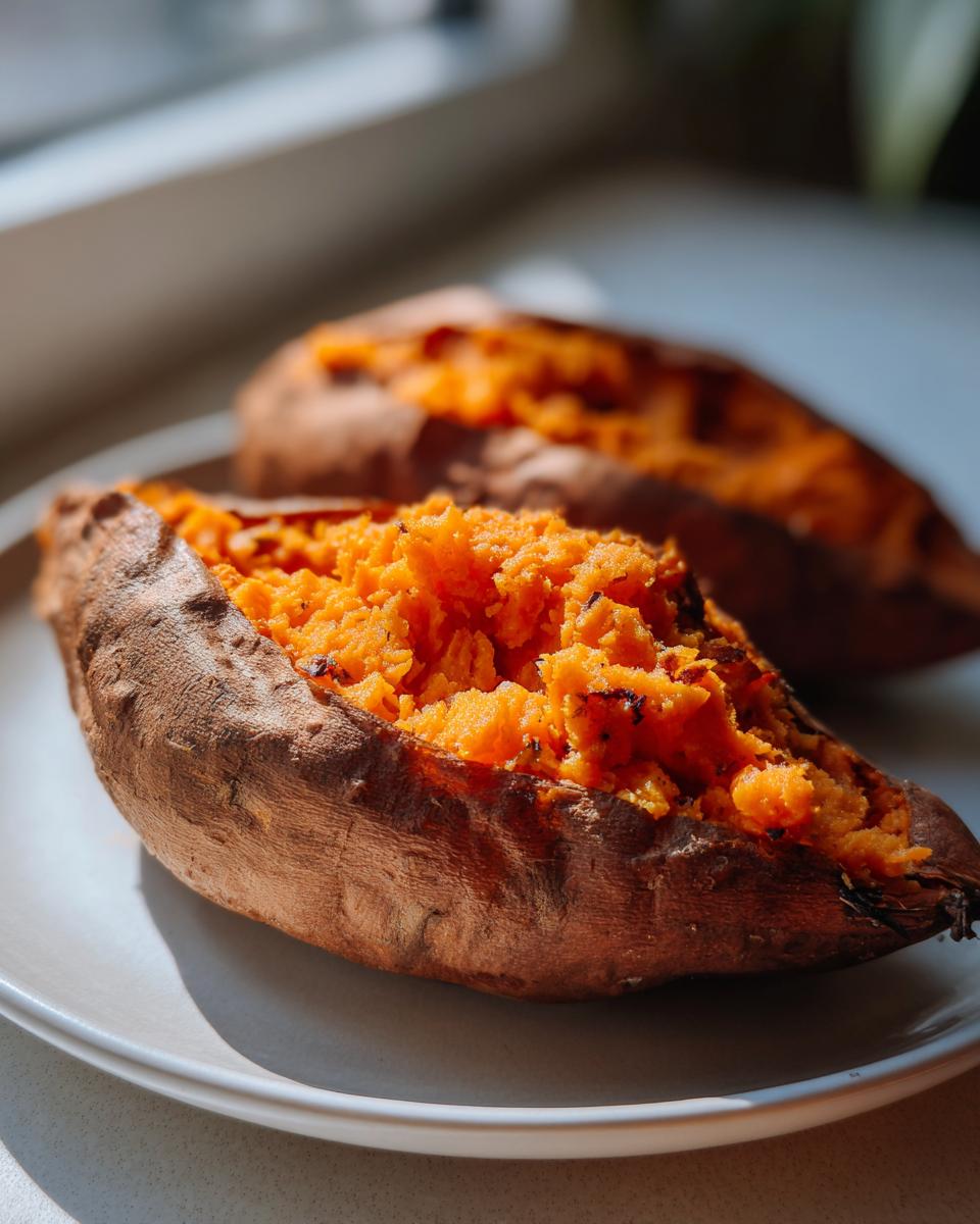 Close-up of two perfectly baked sweet potatoes split open, showing the fluffy, bright orange interior.
