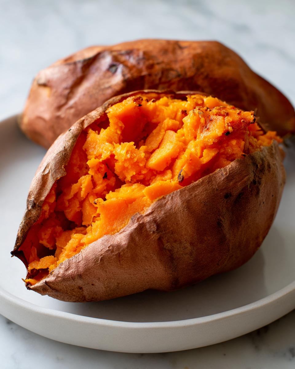Close-up of a perfectly baked sweet potato split open showing its fluffy, bright orange interior.