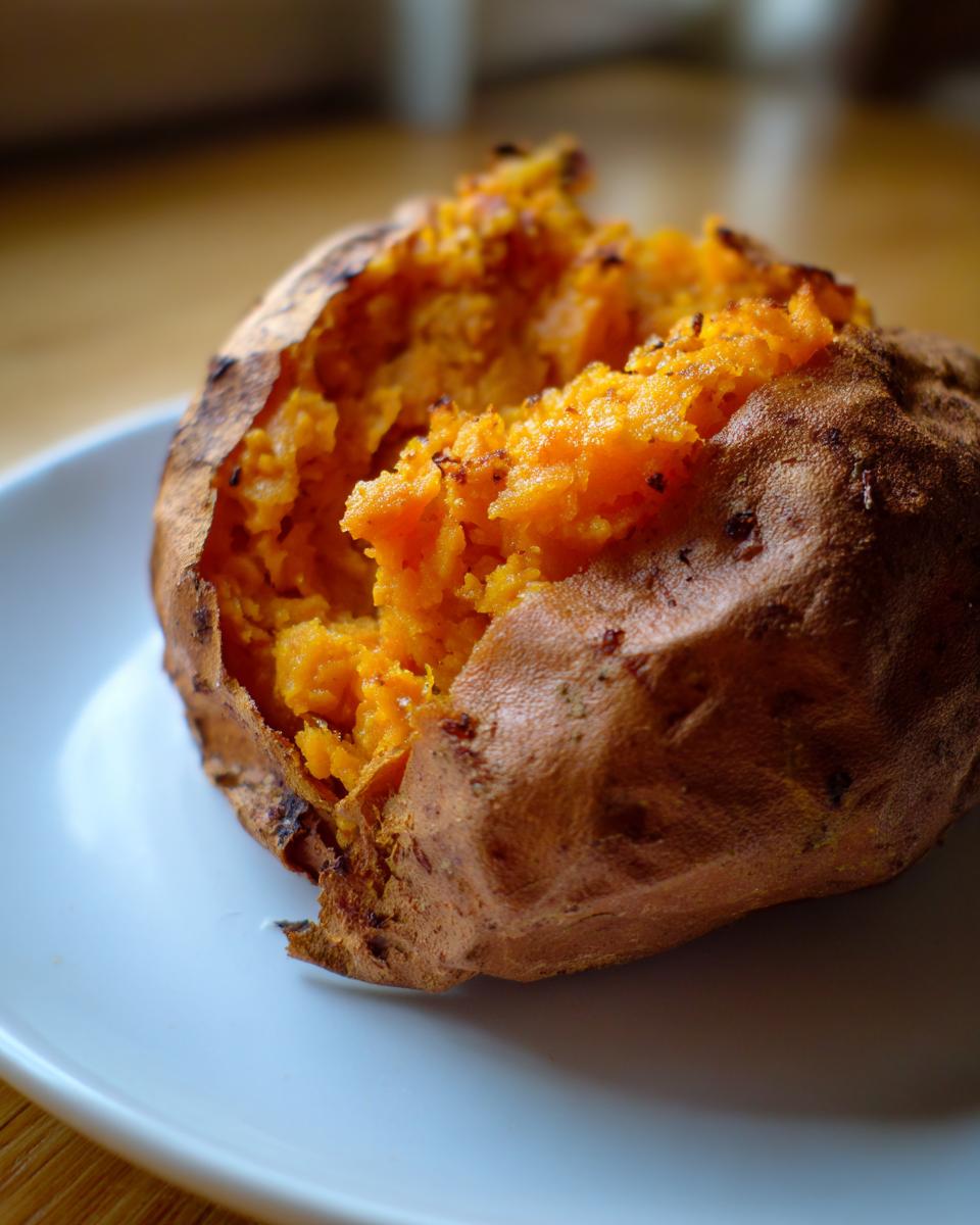 Close-up of a perfectly baked sweet potatoes split open revealing the fluffy, bright orange interior.