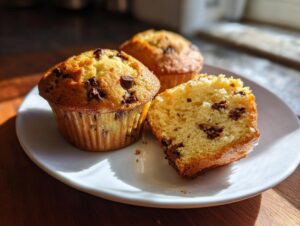 Three fluffy banana chocolate chip muffins, one cut in half to show the moist interior, sitting on a white plate.