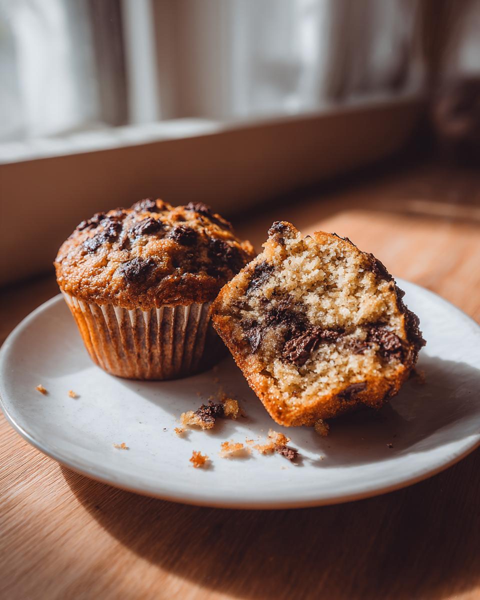 One whole and one halved banana chocolate chip muffin showing the moist interior and chocolate chunks.