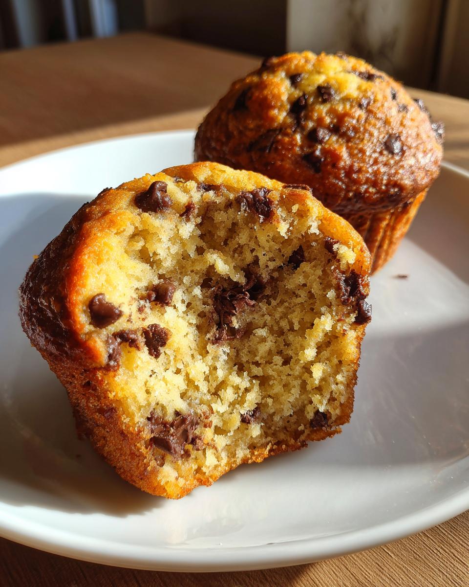 Close-up of a fluffy banana chocolate chip muffin cut in half showing the moist interior and melted chocolate chips.