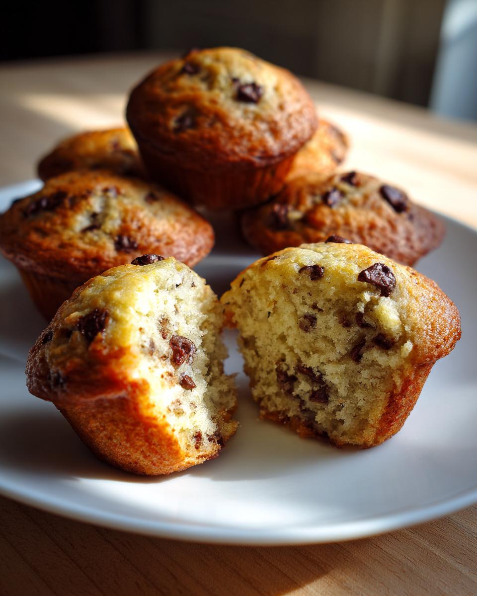 Close-up of fluffy banana chocolate chip muffins, one split open showing the moist interior.
