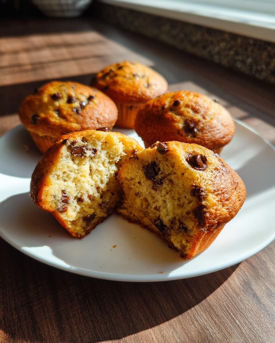 Close-up of fluffy banana chocolate chip muffins on a white plate, with one muffin split open showing the moist interior.