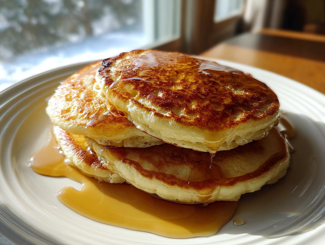 A stack of three golden brown discard pancakes generously drizzled with maple syrup on a white plate.