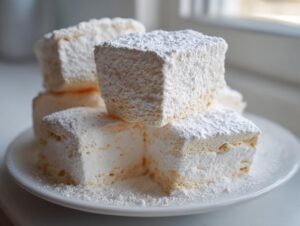 Close-up of fluffy homemade marshmallows dusted heavily with powdered sugar, stacked on a white plate.