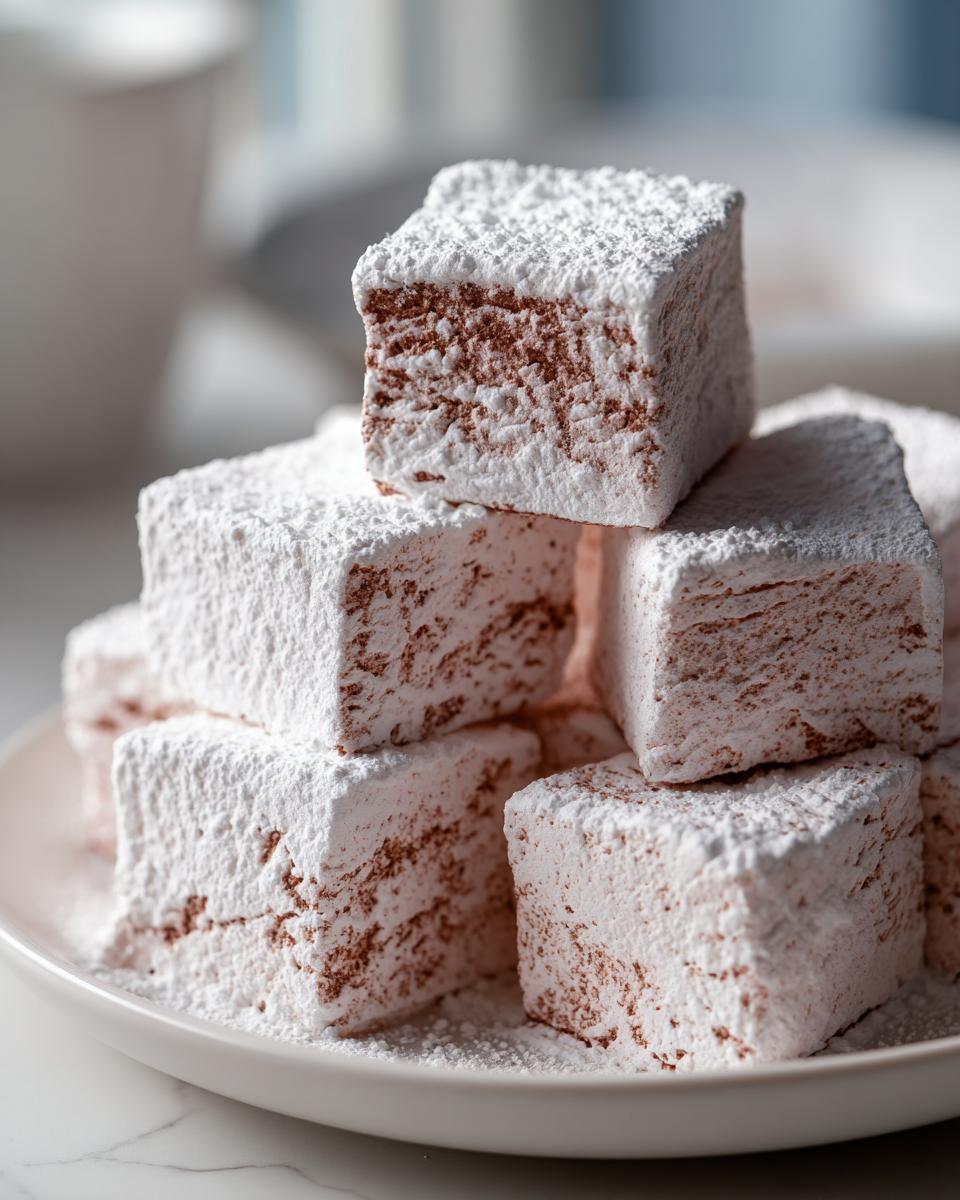 A close-up stack of square, fluffy homemade marshmallows heavily dusted with white powdered sugar on a light plate.