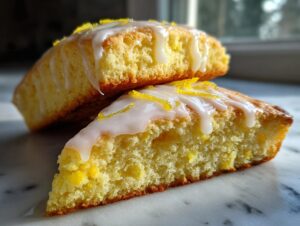 Close-up of two fluffy lemon scones stacked, drizzled with white glaze and topped with bright yellow lemon zest.