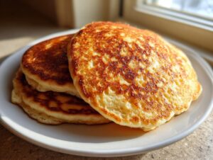 A close-up of three fluffy oatmeal pancakes stacked on a white plate, golden brown from the griddle.