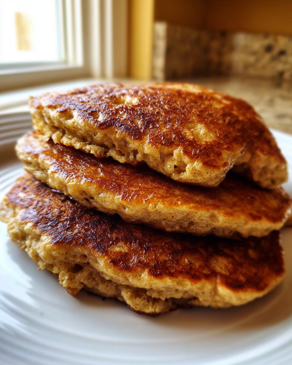 A close-up stack of three golden-brown, fluffy oatmeal pancakes resting on a white plate.