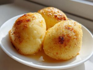 Three golden, pan-fried potato dumplings resting in a pool of glaze on a white plate.